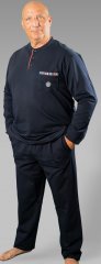 20 Nodi Long Pajamas in Stretch Fleece Cotton with Serafino Collar and Jacket with Pocket and Side Slits Navy