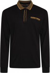 Kam Jeans 5509 LS Jersey Polo with Jacquard Pattern on Collar/Cuffs Black