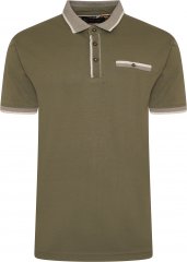 Kam Jeans Jersey Polo with Jacquard Collar/Cuffs Khaki