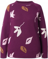 Ulla Popken Eco Cotton Leaf Pattern Long Sleeve Sweater Forest Berry