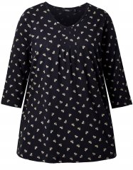 Ulla Popken Flower Print 3/4 Sleeve Tee Black