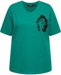 Ulla Popken Embroidered Face Motif Short Sleeve V-Neck Tee Emerald Green