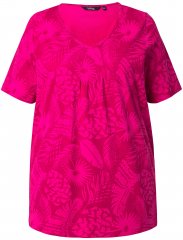 Ulla Popken Feather Print Short Sleeve V-Neck Tee Berry