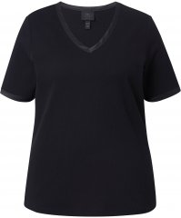 Ulla Popken Satin Trimmed Ribbed Jersey Short Sleeve T-Shirt Black