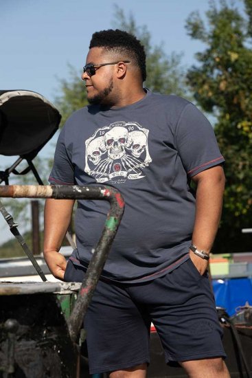D555 COOK Trio Of Skulls Printed Crew Neck T-Shirt Slate Blue - Marškinėliai - Marškinėliai - 2XL-14XL