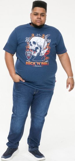 D555 NEAL Skull With Flames Printed Crew Neck T-Shirt Navy/Blue Twist - Marškinėliai - Marškinėliai - 2XL-14XL