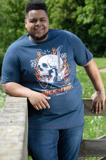 D555 NEAL Skull With Flames Printed Crew Neck T-Shirt Navy/Blue Twist - Marškinėliai - Marškinėliai - 2XL-14XL