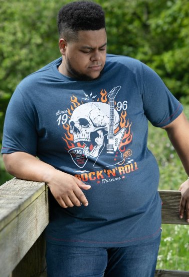 D555 NEAL Skull With Flames Printed Crew Neck T-Shirt Navy/Blue Twist - Marškinėliai - Marškinėliai - 2XL-14XL