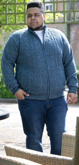 D555 ECCLES Cable Knitted Zip Through Sweater With Bonded Check Lining Denim Marl - Megztiniai ir džemperiai - Megztiniai ir Džemperiai - 2XL-14XL