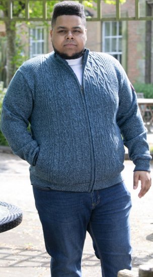 D555 ECCLES Cable Knitted Zip Through Sweater With Bonded Check Lining Denim Marl - Megztiniai ir džemperiai - Megztiniai ir Džemperiai - 2XL-14XL