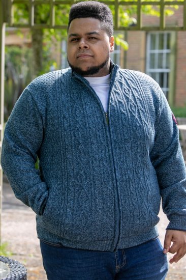 D555 ECCLES Cable Knitted Zip Through Sweater With Bonded Check Lining Denim Marl - Megztiniai ir džemperiai - Megztiniai ir Džemperiai - 2XL-14XL
