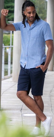 D555 Falmouth 1 Linen Mix Short Sleeve Shirt With Button Down Blue - Marškiniai - Marškiniai - 2XL-8XL