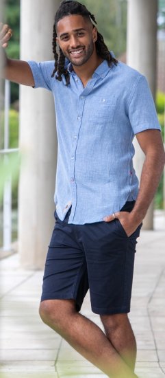 D555 Falmouth 1 Linen Mix Short Sleeve Shirt With Button Down Blue - Marškiniai - Marškiniai - 2XL-8XL
