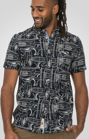 D555 Worthing Surf AOP Short Sleeve Button Down Collar Shirt Navy - Marškiniai - Marškiniai - 2XL-8XL