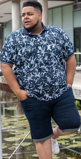 D555 Halifax AOP Hawaiian Print Short Sleeve Polo Blue - Marškinėliai - Marškinėliai - 2XL-14XL