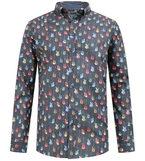 D555 Wakefield Long Sleeve AOP Guitar Printed Shirt Grey - Marškiniai - Marškiniai - 2XL-8XL