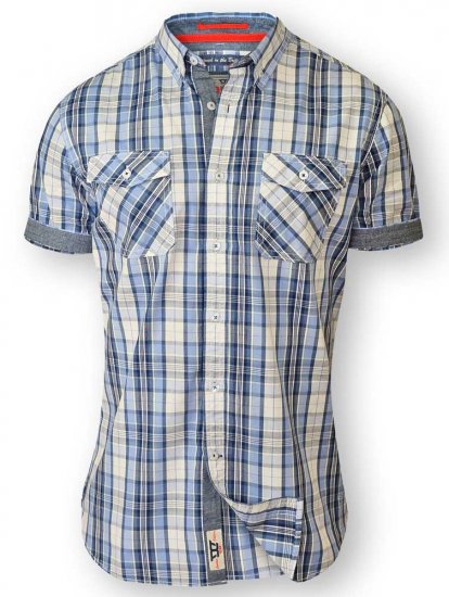 D555 FIDEL Twin Pocket Short Sleeve Blue & Ecru Check Shirt - Marškiniai - Marškiniai - 2XL-8XL