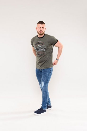 D555 Hereford Brooklyn Motorbike Printed Ringer T-Shirt Khaki - Marškinėliai - Marškinėliai - 2XL-14XL