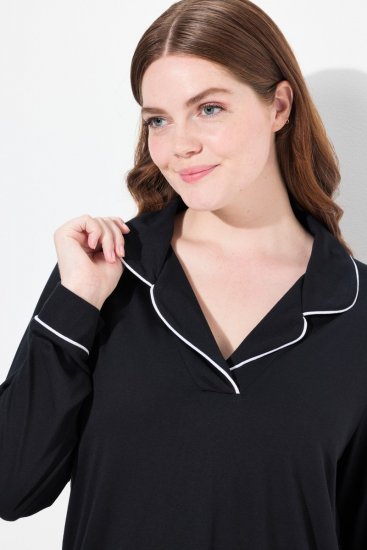 Ulla Popken 823030 Pižama su marškinių apykakle Juoda - Pižama/Loungewear - 