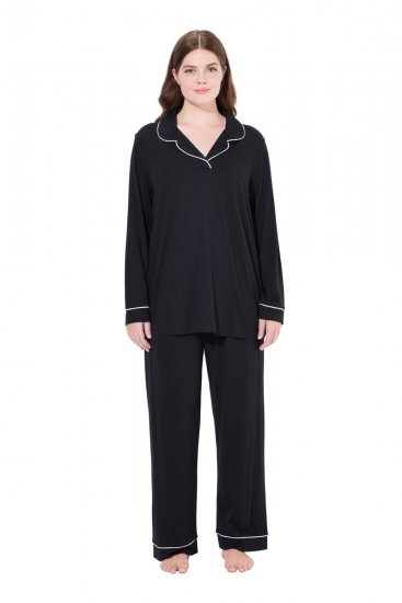 Ulla Popken 823030 Pižama su marškinių apykakle Juoda - Pižama/Loungewear - 