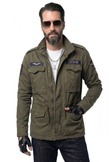 JP1880 Field Jacket with Badges Vintage Look TALL Moss Green - TALL striukės - TALL striukės aukštiems vyrams