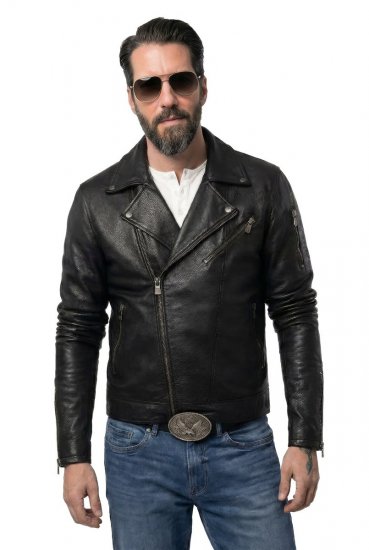 JP1880 830586 Biker striukė iš avienos napos Juoda - Didelės vyriškos striukės - Didelės vyriškos striukės