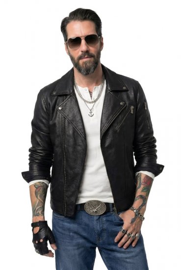 JP1880 830586 Biker striukė iš avienos napos Juoda - Didelės vyriškos striukės - Didelės vyriškos striukės