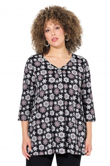 Ulla Popken Snowflake Print 3/4 Sleeve A-Line Tee Black - Spausdinti marškinėliai moterims - 