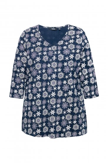 Ulla Popken Snowflake Print 3/4 Sleeve A-Line Tee Navy - Spausdinti marškinėliai moterims - 