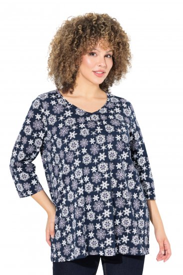 Ulla Popken Snowflake Print 3/4 Sleeve A-Line Tee Navy - Spausdinti marškinėliai moterims - 