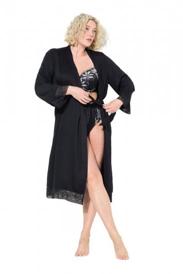 Ulla Popken 834837 Kimono chalatas su nėriniais Juoda - Chalatai - 
