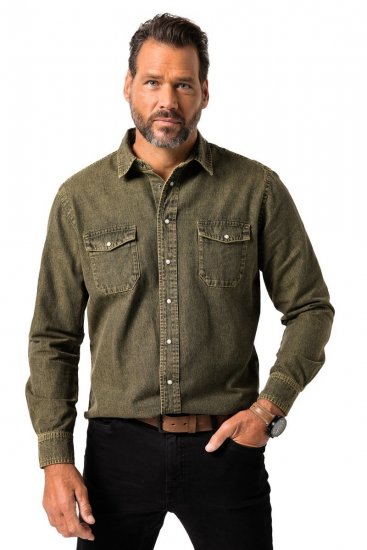 JP1880 Denim Shirt Long Sleeve Olive Green - Marškiniai - Marškiniai - 2XL-8XL