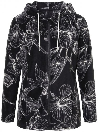 Ulla Popken 842758 Gėlėta flisinė striukė su gobtuvu Juoda - Fleece apranga - 