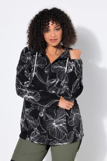 Ulla Popken 842758 Gėlėta flisinė striukė su gobtuvu Juoda - Fleece apranga - 