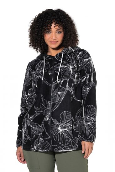 Ulla Popken 842758 Gėlėta flisinė striukė su gobtuvu Juoda - Fleece apranga - 