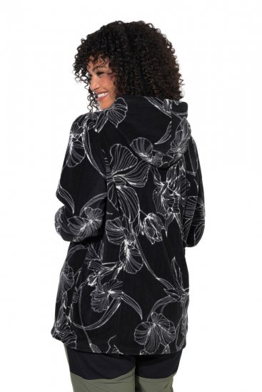 Ulla Popken 842758 Gėlėta flisinė striukė su gobtuvu Juoda - Fleece apranga - 