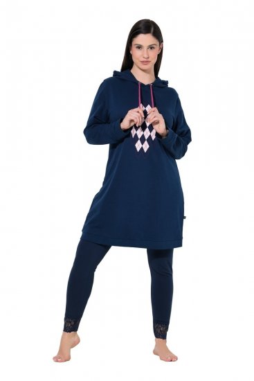 Ulla Popken 851749 Namų suknelė su langeliais ir gobtuvu Tamsiai mėlyna - Pižama/Loungewear - 