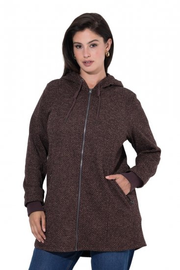 Ulla Popken 853577 Megzta fliso striukė su gobtuvu ir užrašu Mahagonio ruda - Fleece apranga - 