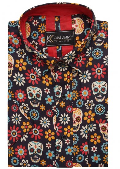 Kam Jeans 6040 Floral Skull Print Shirt Black - Marškiniai - Marškiniai - 2XL-8XL