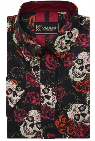 Kam Jeans 6042 Rose Skull Digital Print Shirt Black - Marškiniai - Marškiniai - 2XL-8XL