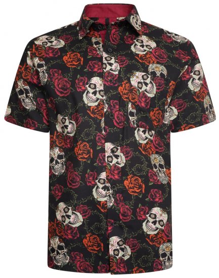 Kam Jeans 6042 Rose Skull Digital Print Shirt Black - Marškiniai - Marškiniai - 2XL-8XL