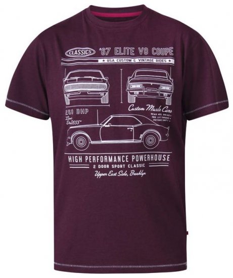 D555 Brady Classic Cars Crew Neck T-Shirt Burgundy - Marškinėliai - Marškinėliai - 2XL-14XL
