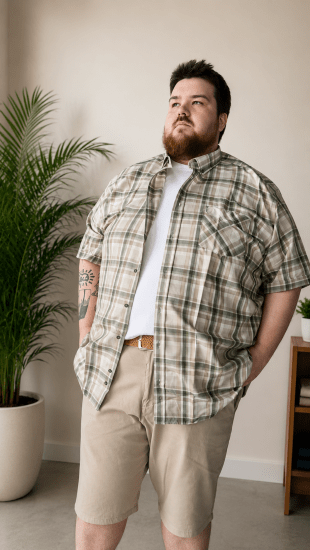 Kam Jeans 6339 Checked Short Sleeve Shirt Beige - Marškiniai - Marškiniai - 2XL-8XL