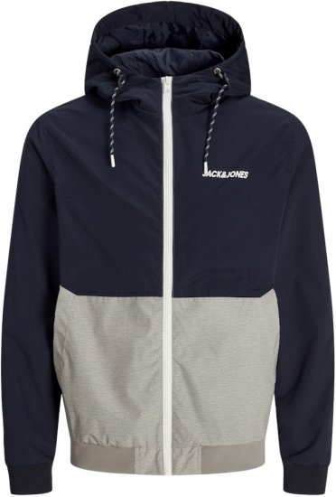Jack & Jones RUSH White/Grey Blocking Bomber Jacket with Hood Dark Blue - Didelės vyriškos striukės - Didelės vyriškos striukės