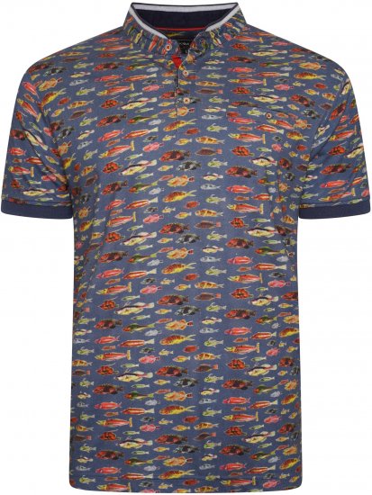 Kam Jeans 5743 Fish Print Jersey Grandad Top Indigo - Polo marškinėliai - Polo marškinėliai - 2XL-8XL