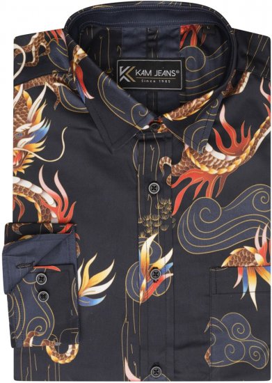 Kam Jeans 6057 LS Dragon Print Shirt Black - Marškiniai - Marškiniai - 2XL-8XL