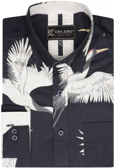 Kam Jeans 6059 LS Bird Print Shirt Navy - Marškiniai - Marškiniai - 2XL-8XL