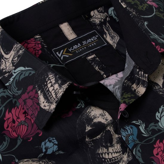 Kam Jean 6074 Marškiniai Trumpomis Rankovėmis su Kaukolės Raštu Juoda - Marškiniai - Marškiniai - 2XL-8XL