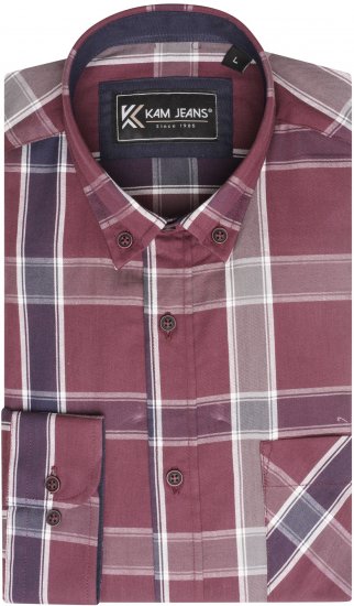 Kam Jeans P038 LS Premium Cotton Check Shirt Wine - Marškiniai - Marškiniai - 2XL-8XL
