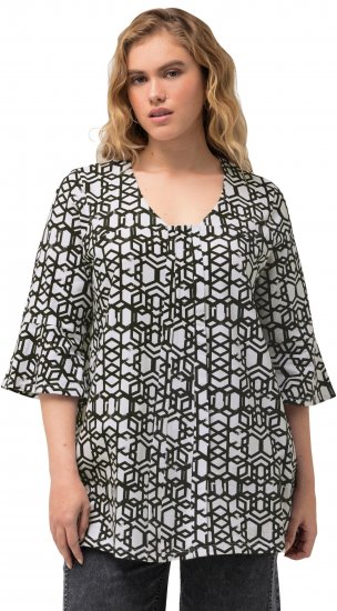 Ulla Popken Geometric Print Trumpet Sleeve Tee Black - Spausdinti marškinėliai moterims - 